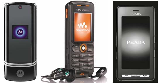 左起：MOTOKRZR K1、SONY ERICSSON W200i、PRADA phone
