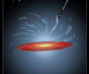 這個示意圖顯示在NGC 5548星系中心超大質量黑洞吸積盤上方有一團物質，還有許多其它圍繞著黑洞的細絲由於輻射風而發生扭曲。（哈勃太空望遠鏡Fackbook）